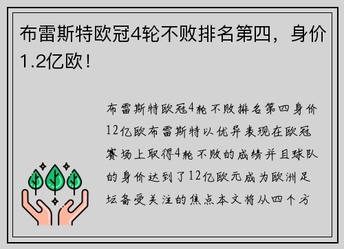 布雷斯特欧冠4轮不败排名第四，身价1.2亿欧！